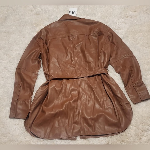 Zara Women’s Brown Faux Leather Women's Shacket Size Large Snap Front NWT - Picture 4 of 10